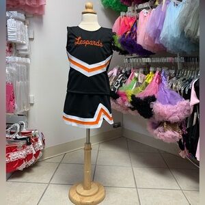 Kids Size 3-8 Black Orange & White 2 Stripe Leopards Cheerleader Uniform Set NWT